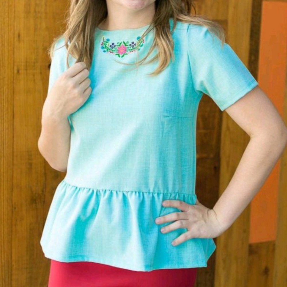 Blue Embroidered Peplum